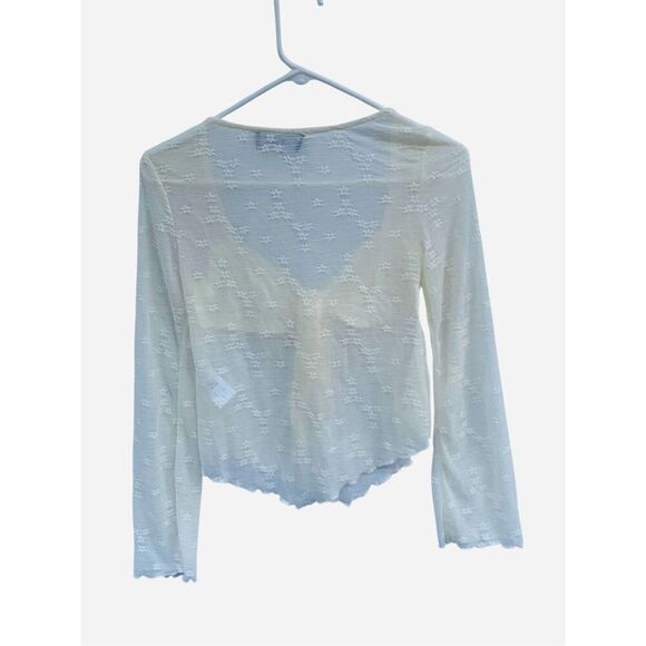 Cider XS Sheer Ivory Tie Front Top Floral Embroidered Lettuce Hem Blouse Long Sl - Picture 4 of 5